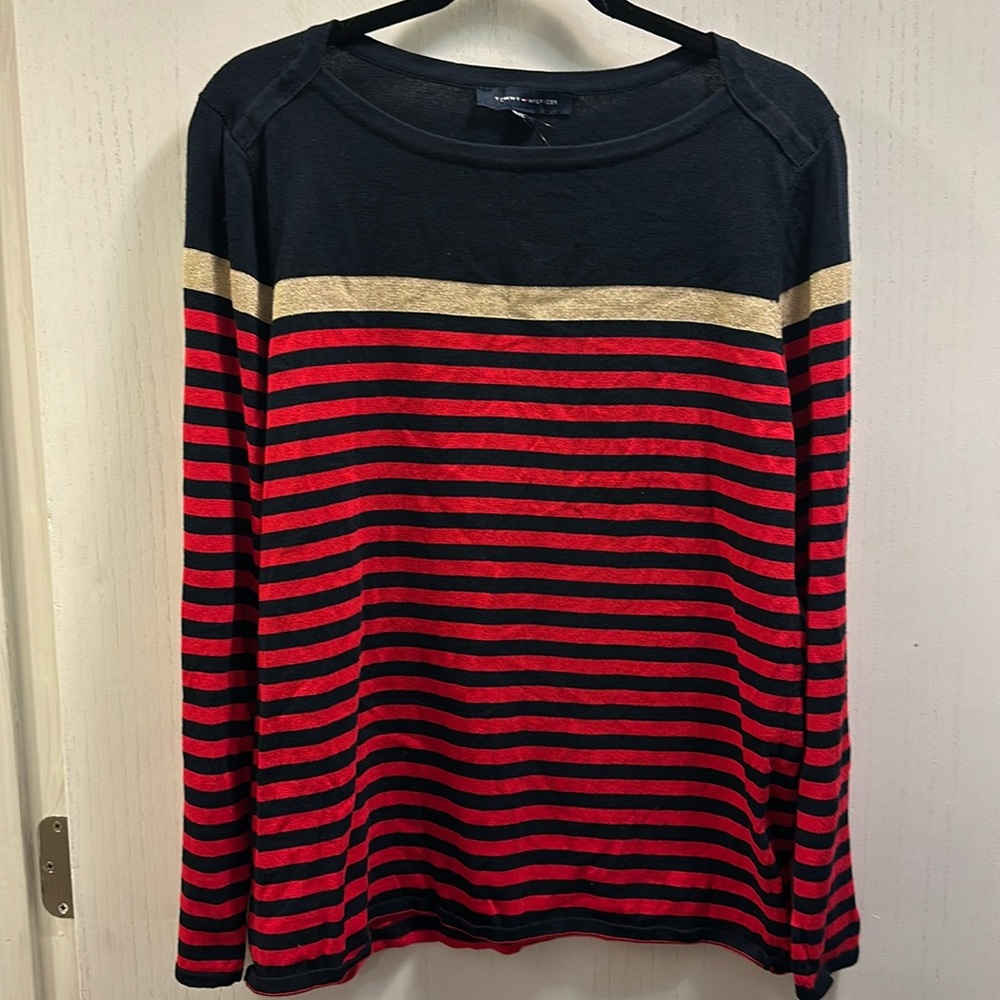 Tommy Hilfiger Preppy Boatneck Striped Red & Navy Sweater w/Gold stripe Size L